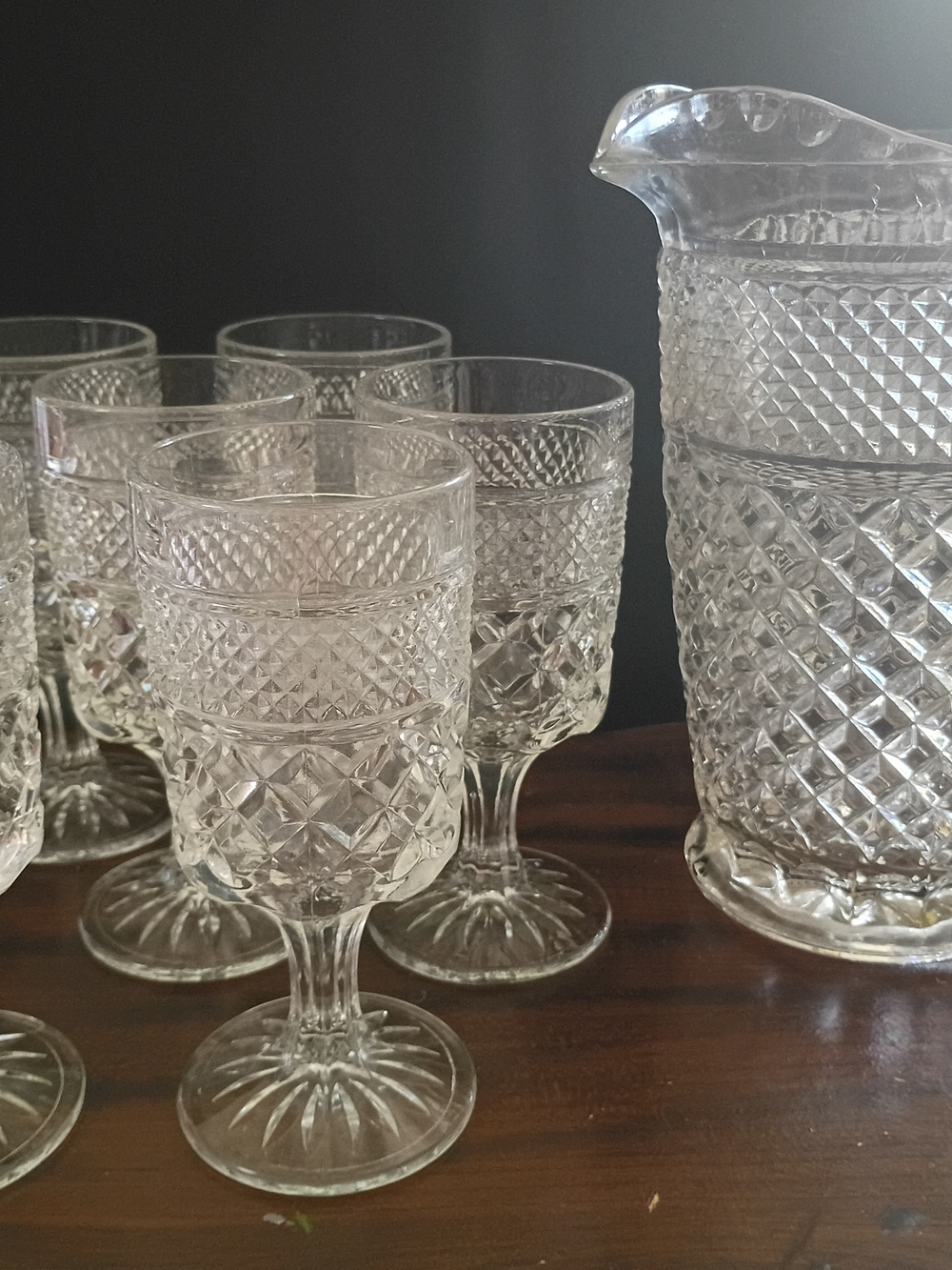 Vintage Hocking Diamond Pattern Goblet and Pitcher Set